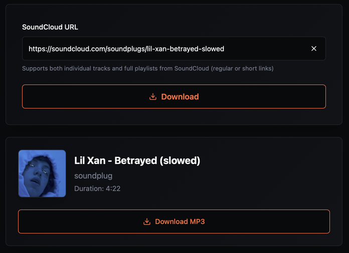 Screenshot of a SoundCloud downloader interface showing a pasted URL and MP3 selection.